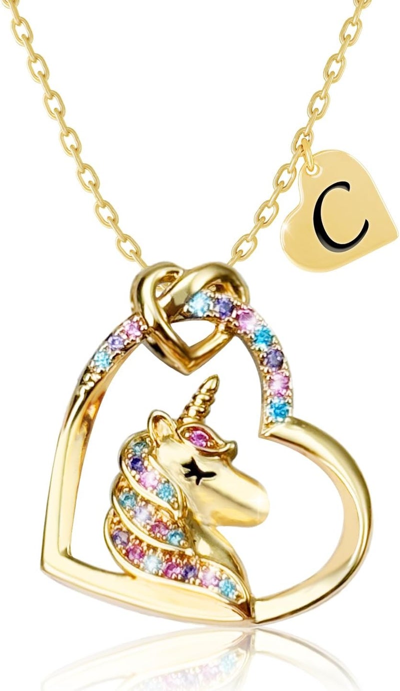 PYXC Valentines Day Gifts - Unicorn Necklace Gifts for Girls, Gold CZ Heart Unicorn Jewelry Initial Girls Birthday Colorful Heart Necklace Birthday present - Image 1